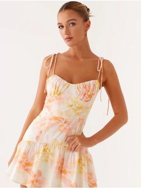 Peppermayo Peach and Yellow Floral Tie-Shoulder Mini Dress